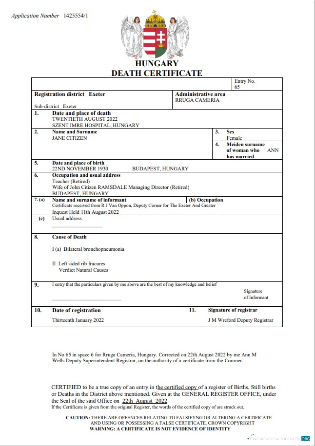 Download Hungary vital record death certificate Word and PDF templat Photoshop template